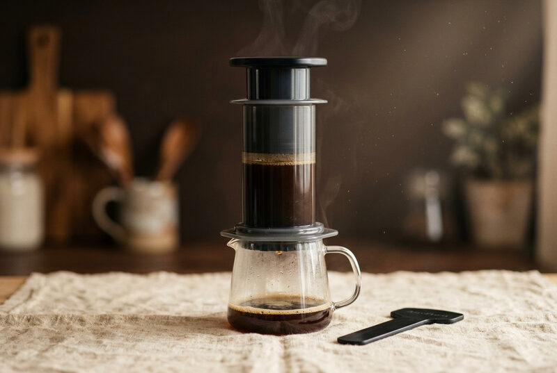 AeroPress on a wooden counter