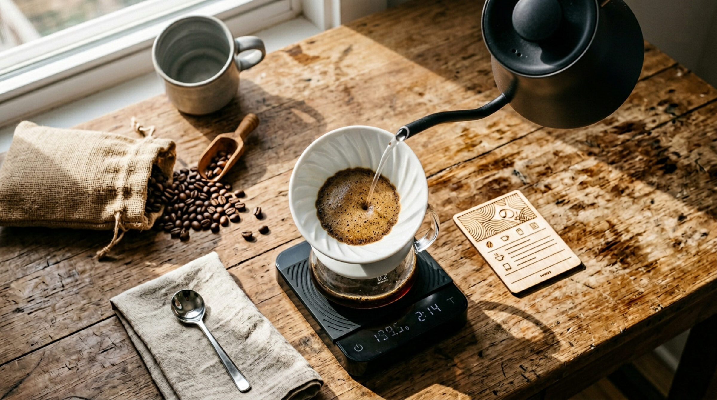 A clean V60 pour-over brew on a quiet kitchen counter